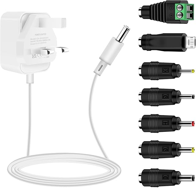 5V 1A 2A Power Supply, Dalugo Universal AC to DC Power Adapter with 7 DC Multi-Plug Connectors, 10W DC Wall Charger for LED Strip Lights,Audio,TV Box,Speaker,Router,Video Android Tablet(White)