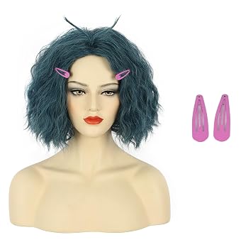 VGbeaty Adult Short Deep Blue Wavy Wig with Purple Hairpins Center Part Women Girls Cosplay costume Halloween Wig