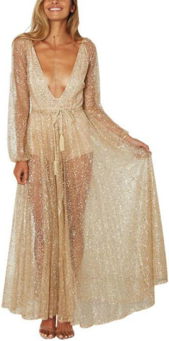 Colygamala Women's Deep V Neck Lace See Through Golden Night Club Dress Sexy Maxi Dress