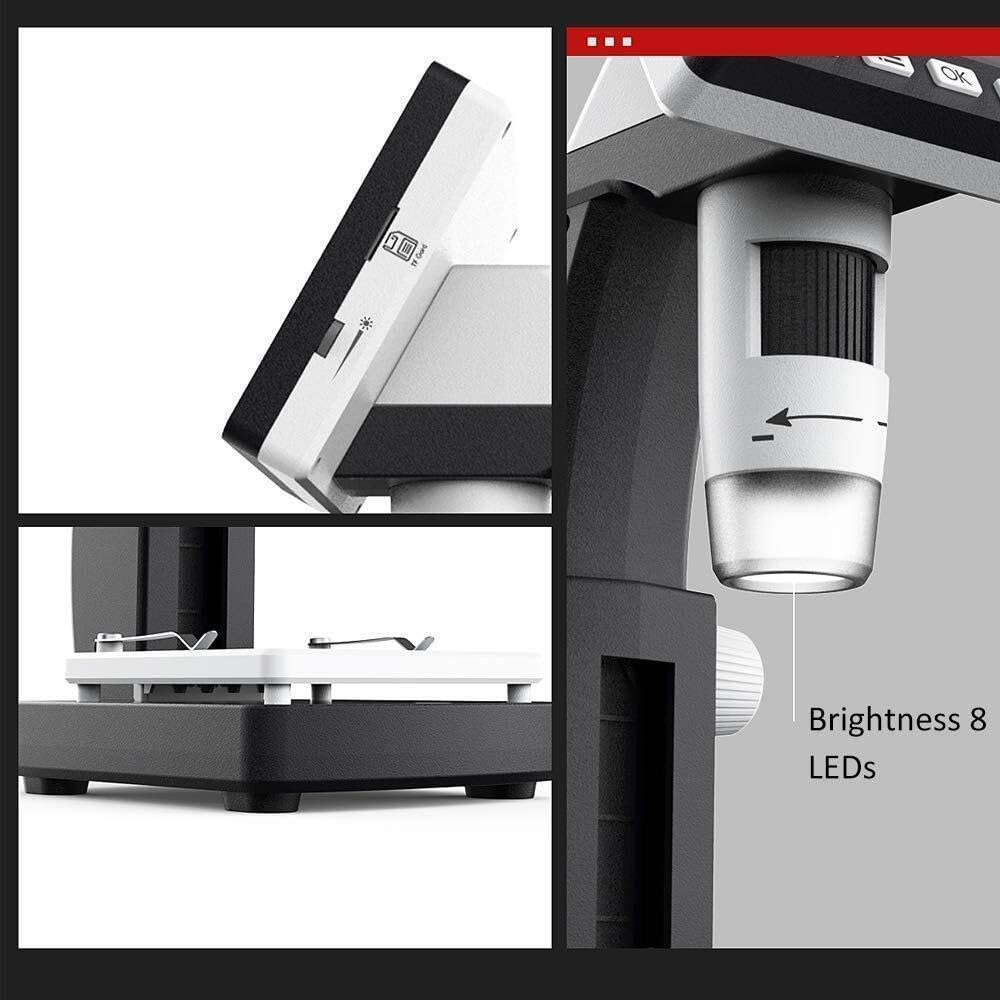 Microscopio Digitale LCD con Schermo da 4,3", ingrandimento 1000X, HD 1080P, 8 luci LED, Batteria Ricaricabile, USB, per PCB, Monete e Uso in Laboratorio