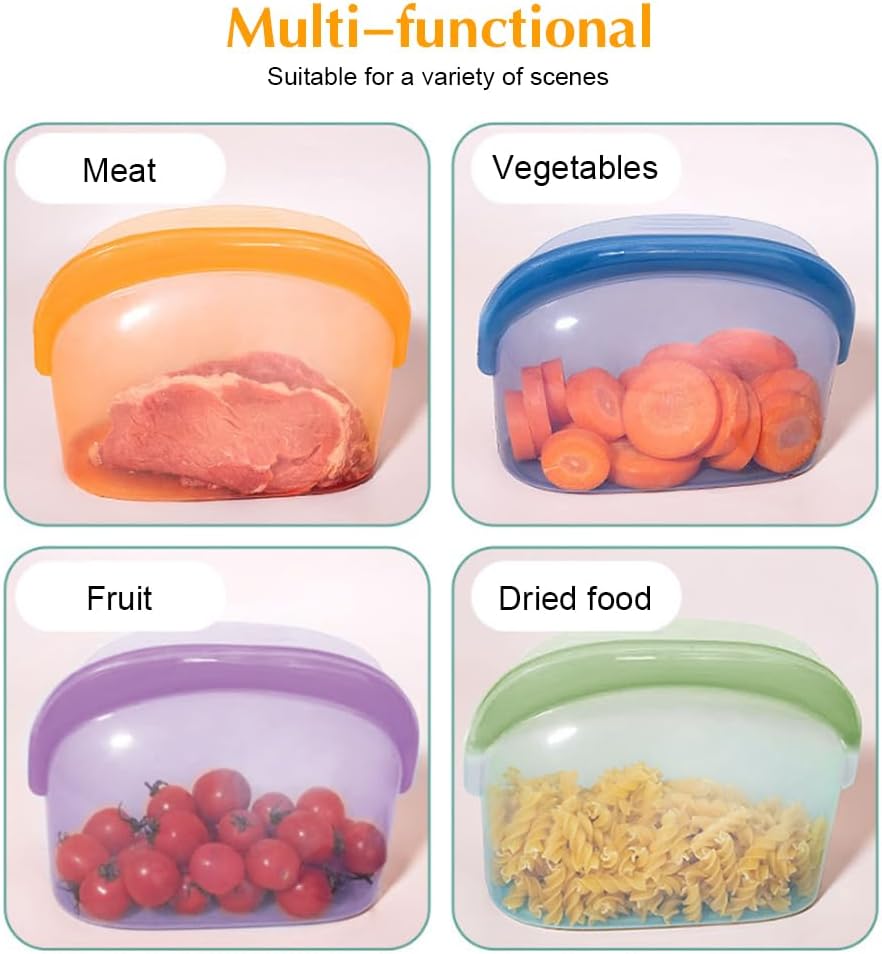 8 Pcs Reusable Silicone sealed Food Storage Bags, Multi-Role Food Storage Bags, Leak Proof, Freezer Safe, Microwave Safe, Dishwasher Safe, Eco-friendly
