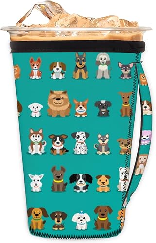 Animal Dogs Funda reutilizable para taza de café helado con asa de neopreno Koozies aislador de hielo funda para taza de café bebida pequeña de 18 a
