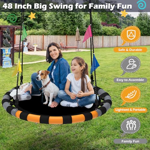 Image of HeyZoo Saucer Swing, 48 Inch Larger Swing Sets for Backyard and Outdoor Playground, 900lbs Weight Capacity, with 360 Degree Swivel, Gifts for Kids and Family, Grey and Orange