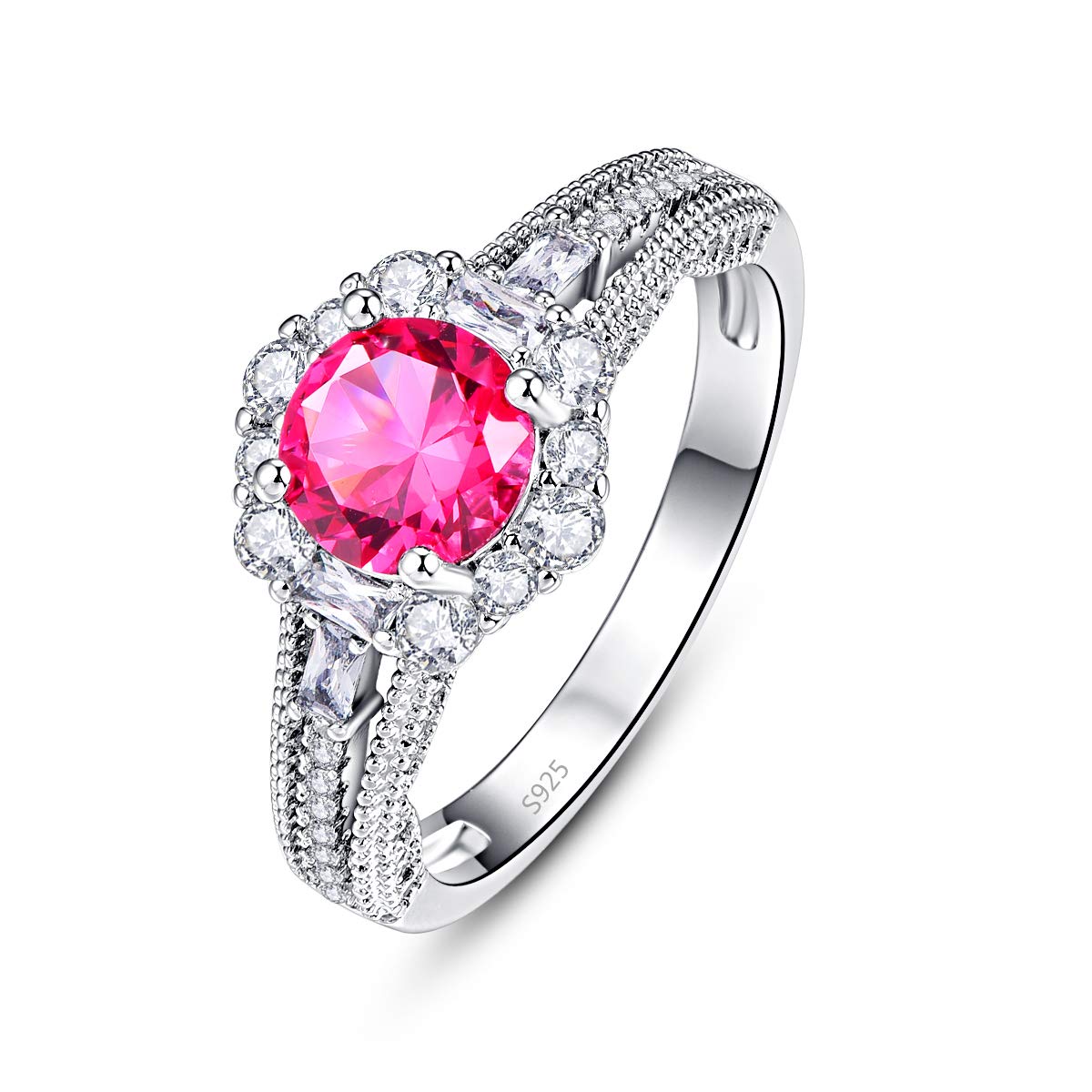 Empsoul Women 925 Sterling Silver Cubic Zirconia Unique 4-Prong Round Filled Ruby Spinel Center High Polish Propose Ring Size 8