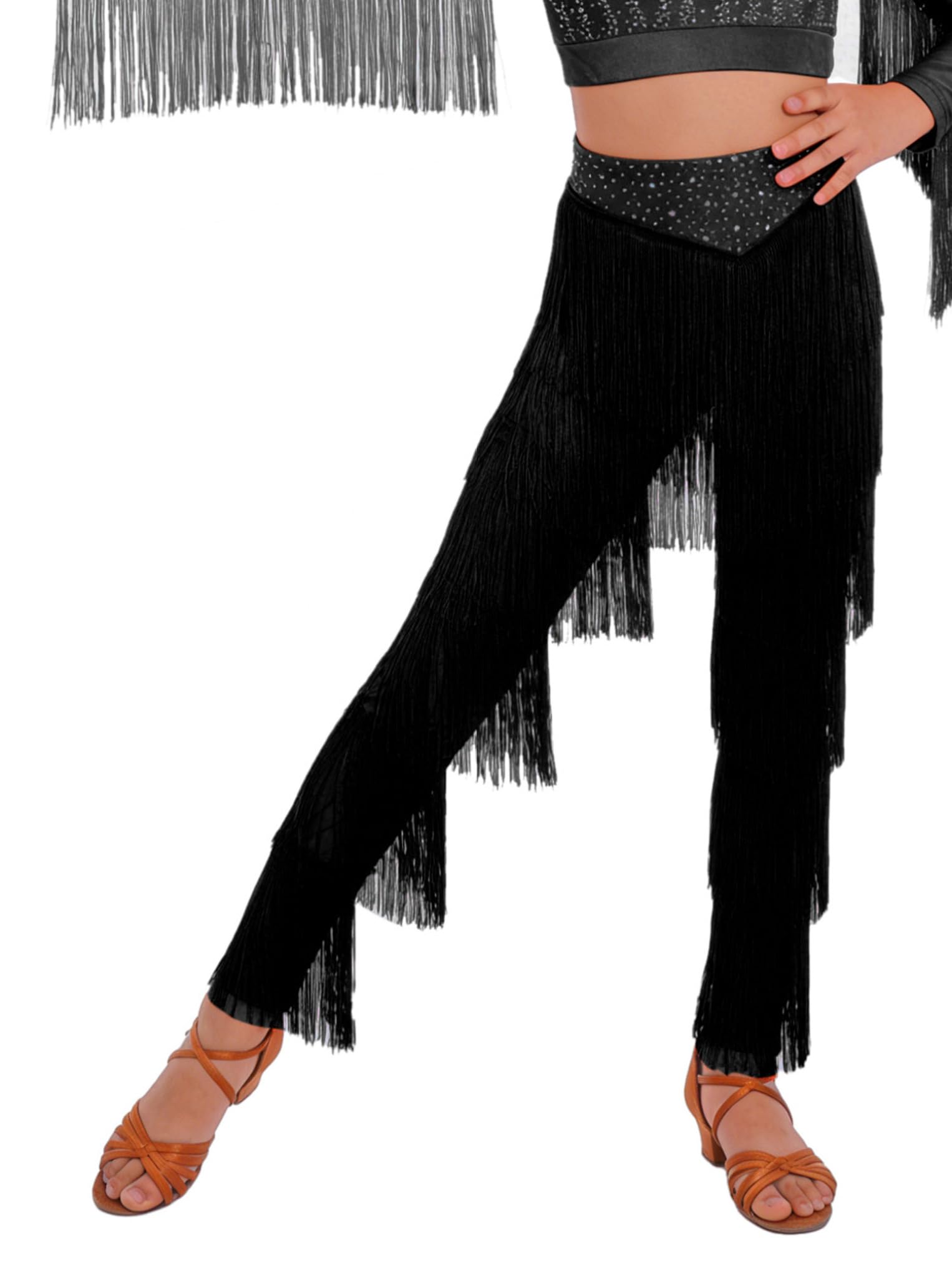 Oyolan Pantalone Bambina Danza Latina Salsa Rumba Tango Jazz Moderno Pantalone con Frange E Strass Danza