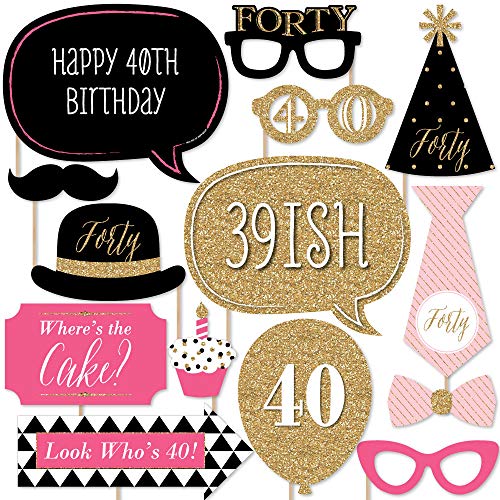Big Dot of Happiness Chic 40th Birthday - Pink, Black and Gold - Birthday Photo Booth Props Kit - 20 Count