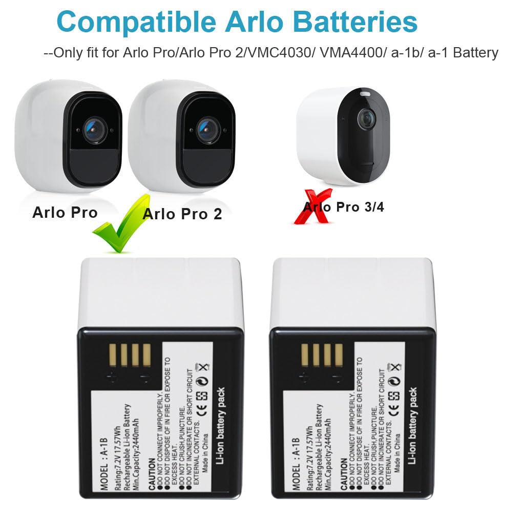 Vma4400 Battery 2-Pack 2440mAh Batteries Charger For Arlo Pro