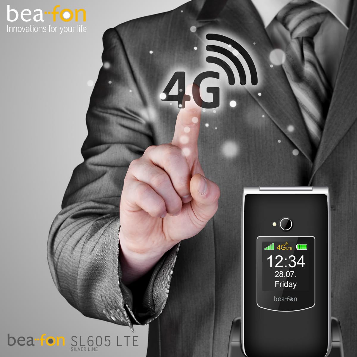 Beafon, SL605 LTE 4G, Silverline, Klapphandy, Seniorenhandy mit Notrutaste, Farbinnendiplay 2,4" (6,09cm) / Farbaußendiplay 1,44" (3,65cm), IP54