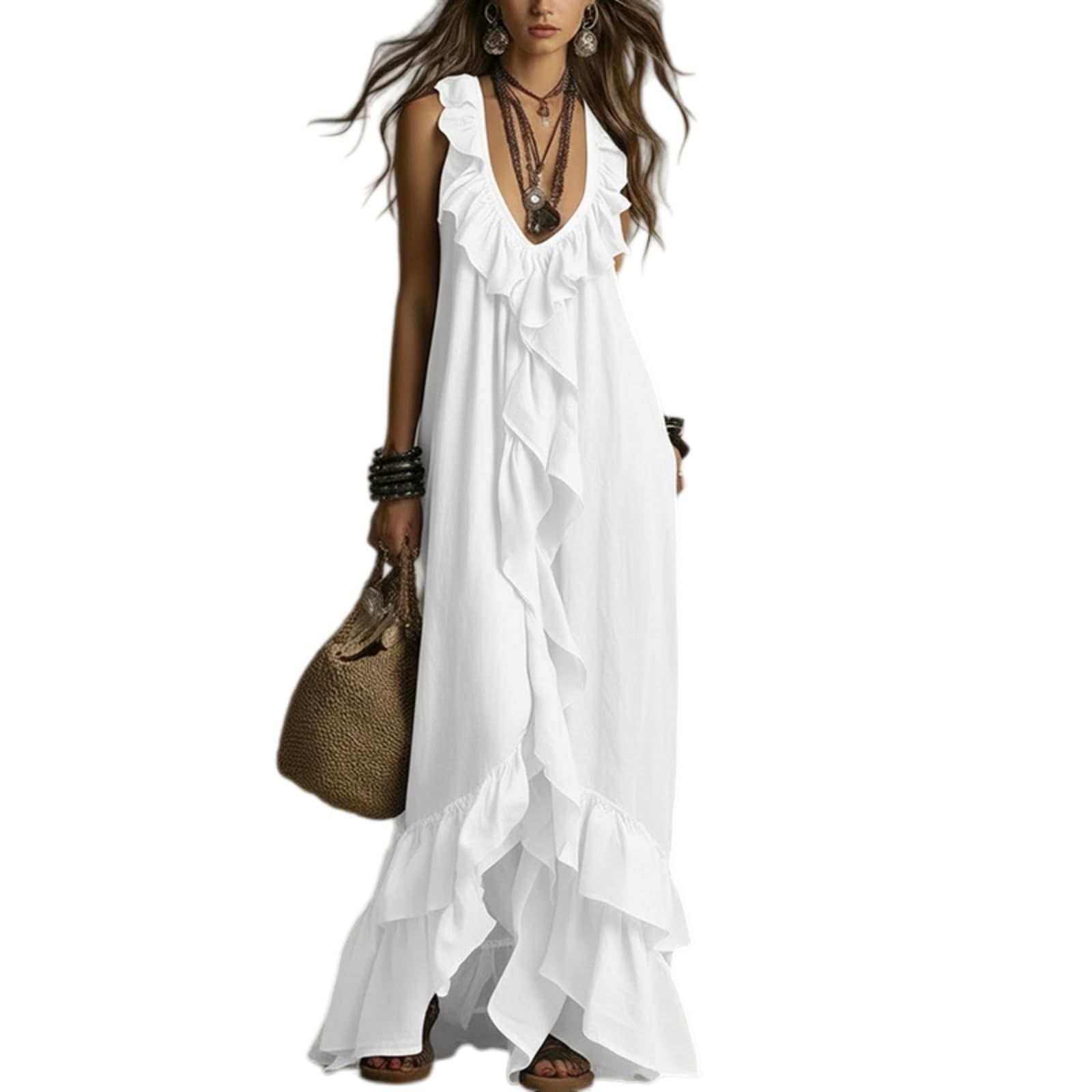 Robe femme bohémian maxi à col v et manches ruffle avec coupe ample