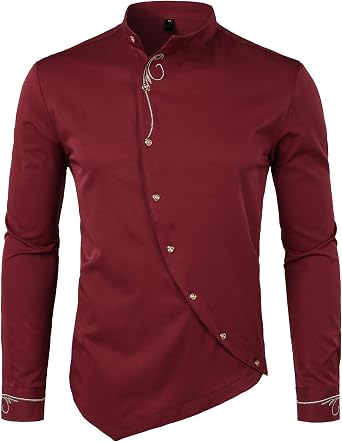 ZEROYAA Mens Mandarin Collar Embroidery Dress Shirts