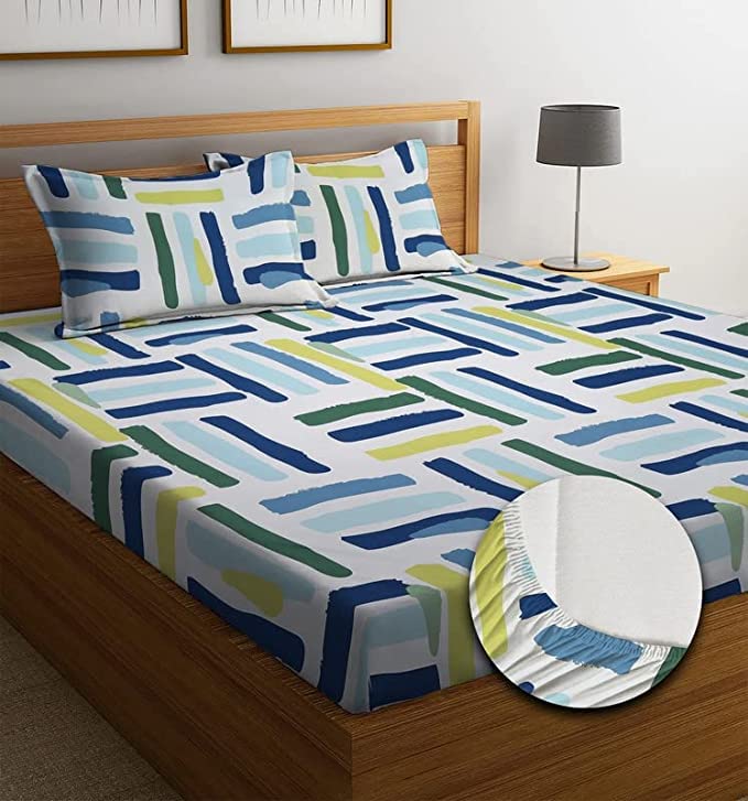 LAYNORA Premium Cotton Elastic Fitted Bedsheets with 2 King Size Pillow Covers | Double Bed with All Around Elastic 210 TC Supersoft | Size - 72 King Sizex78+10 inches | White line (B0BKQJ7VHX) Amazon Price History, Amazon Price Tracker