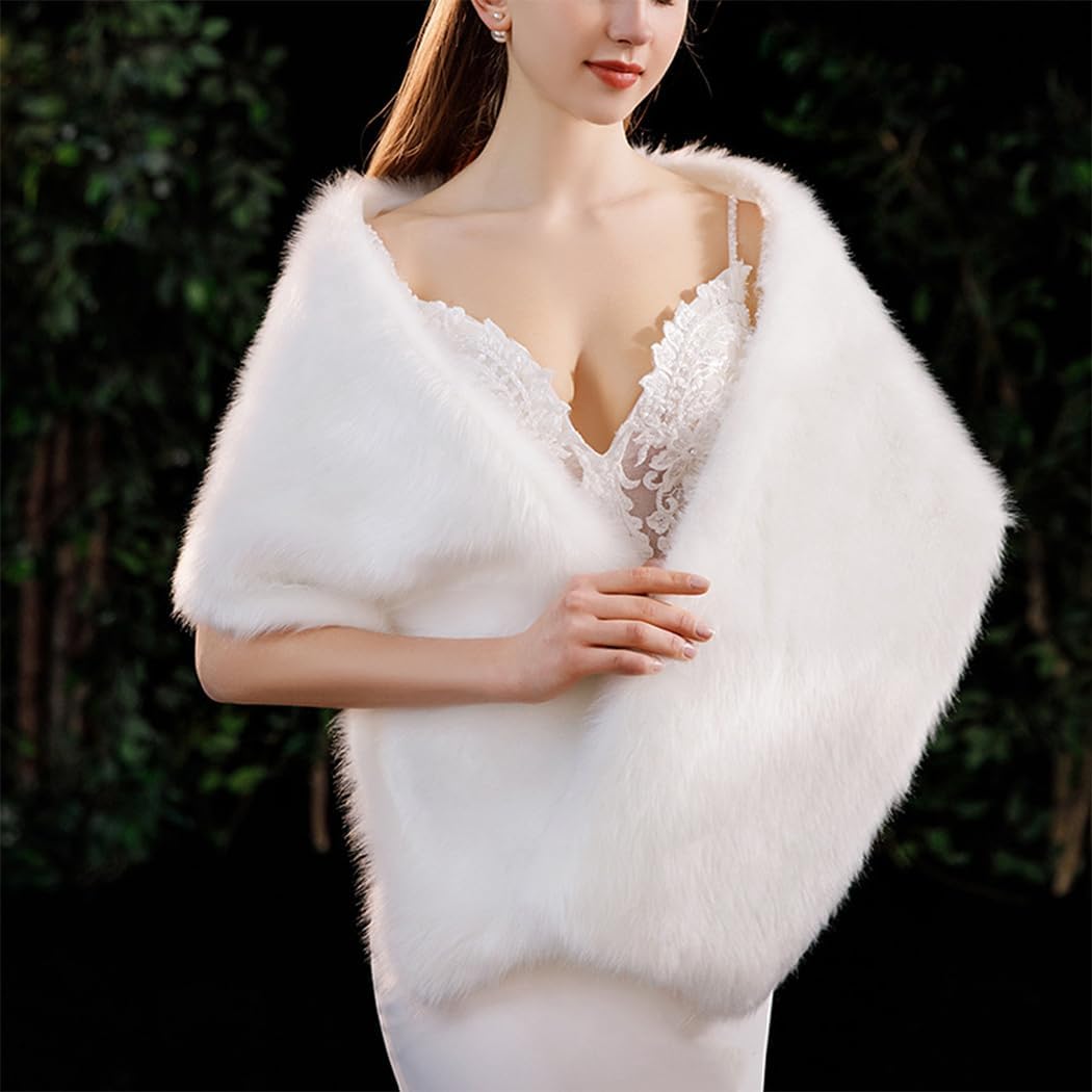 Bounzhi Women 's Wedding Faux Fur Shawl Wraps Bridal Wedding Scarf Stoles Faux Fur with brooch for Bride and Bridesmaids - Image 2