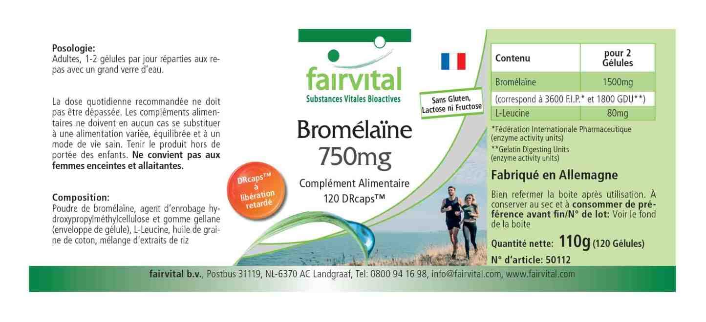 fairvital Bromélaïne 750mg, HAUTEMENT DOSÉE, VÉGÉTALIENNE, enzyme d'ananas, 120 gélules