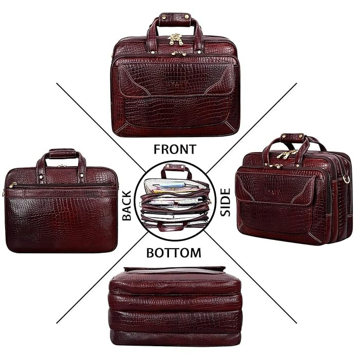 Image of Full-Grain Natural Genuine Pure Orginal Leather Office Briefcase Laptop Messenger Shoulder Bags For Mens Man Office Use 15.6 Inch cabin szie travelling Size-L-16'' X H-12'' X W- 6''