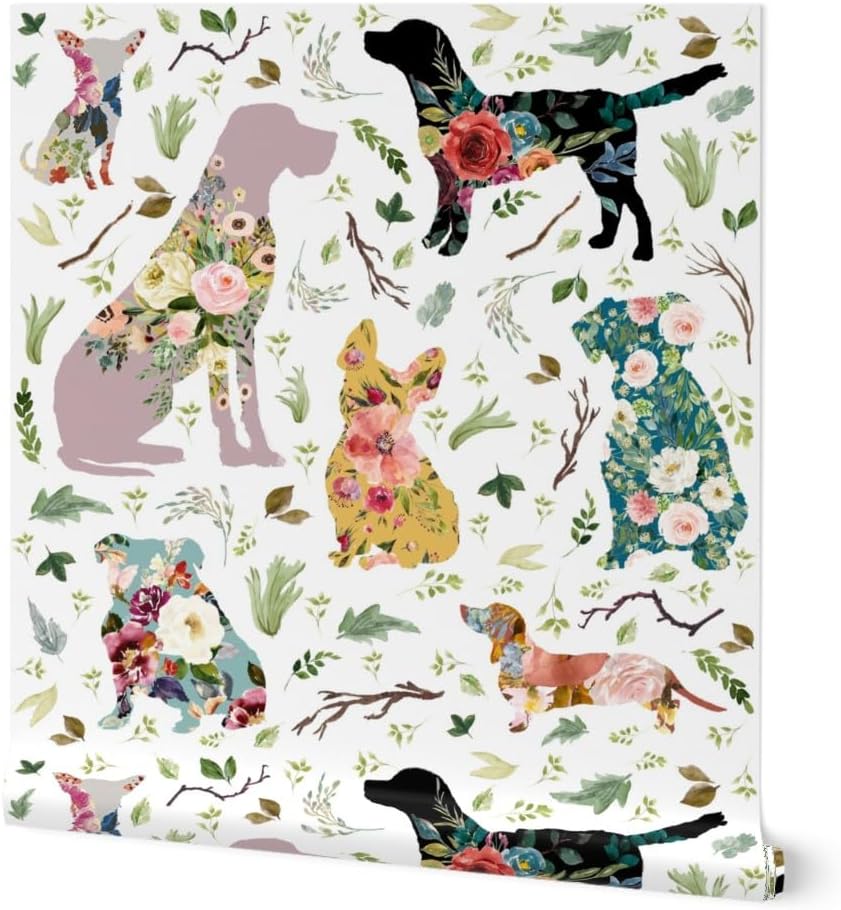 Peel & Stick Wallpaper 3ft x 2ft - Patchwork Dogs Blue Yellow Floral Animals Baby Girls Silhouette Custom Removable Wallpaper by Spoonflower