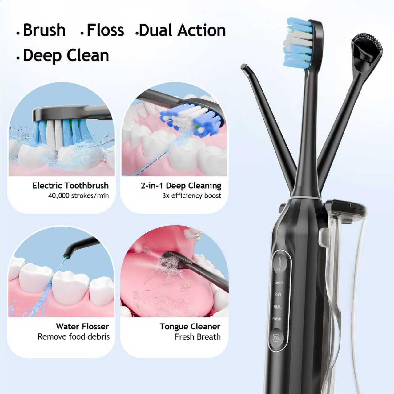 Pinkart Cepillo de dientes eléctrico portátil con hilo dental para adultos, 8 cabezales de cepillo, 1 punta de hilo dental, 1 raspador de lengua, 1 manguera, 1 tanque de agua, ideal para viajes y