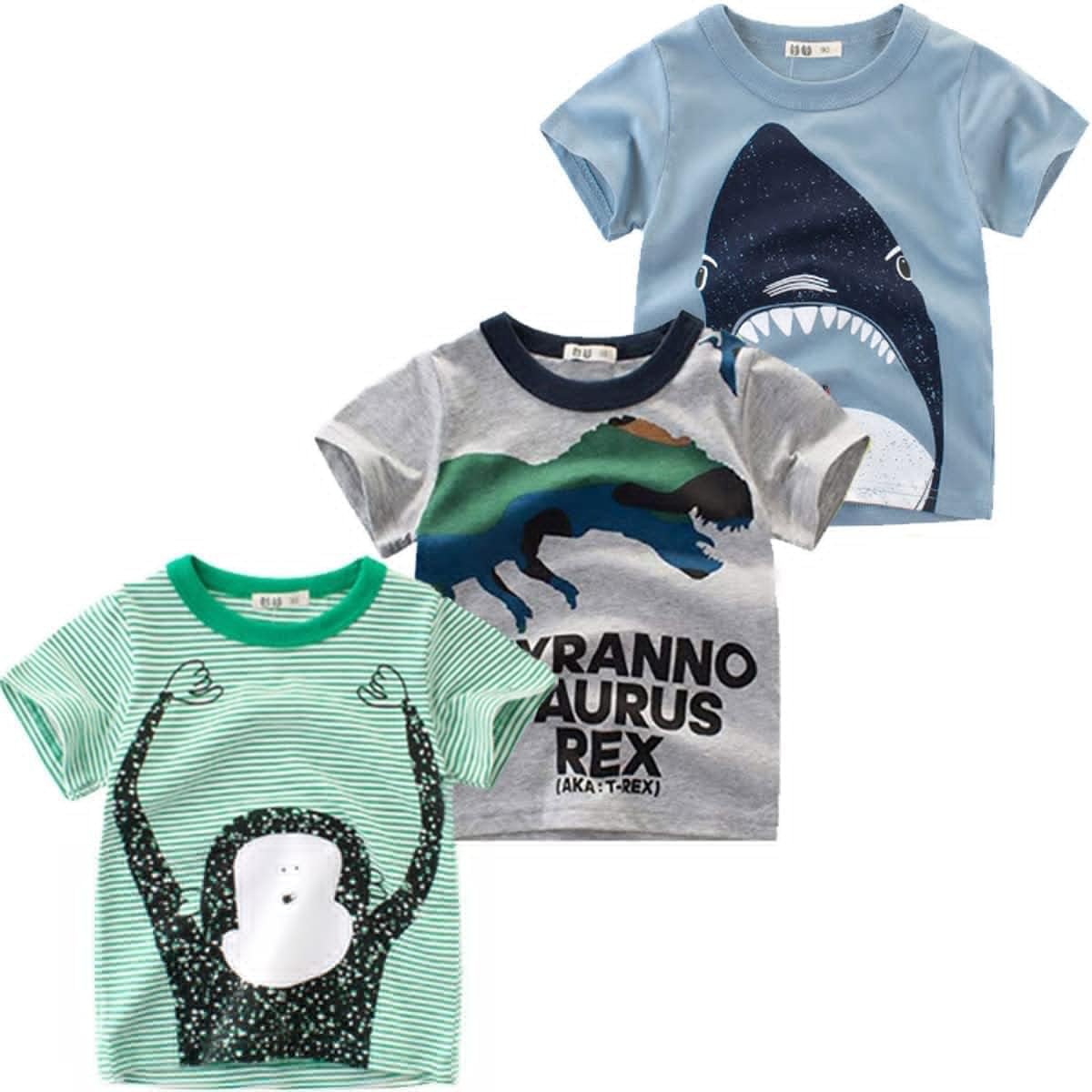 Snyemio Pack de 3 Camiseta Manga Corta Niños Algodón Bebé Estampada Dinosaurio Dibujos Animales Verano 1-7 años