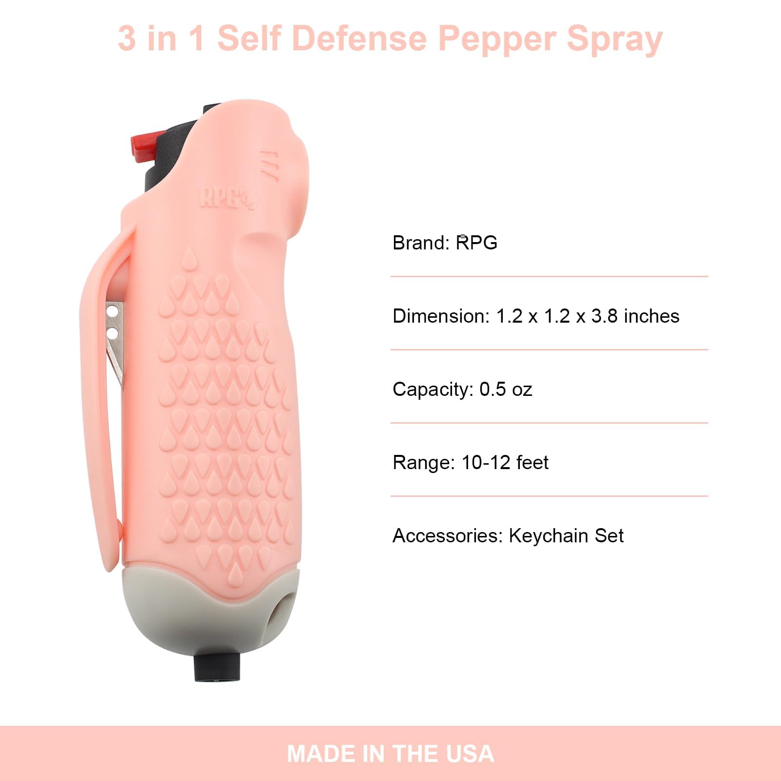 RPG 3-in-1 Pepper Spray, Women Self Defense Weapons Kits with Seat Belt Cutter & Window Breaker, Safety Keychain Set for Women | Car Essentials | Made in The USA (Peachy Pink)