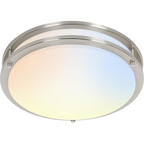 16 inch Dimmable LED Flush Mount Ceiling Light Fixture, Brushed Nickel, 36W, 2200LM, 2.7/3/3.5/4K/5K Adjustbale, 120°Light Angle, CRI80, Ceiling Lamp for Bedroom, Kitchen, Office, Garage, ETL Listed