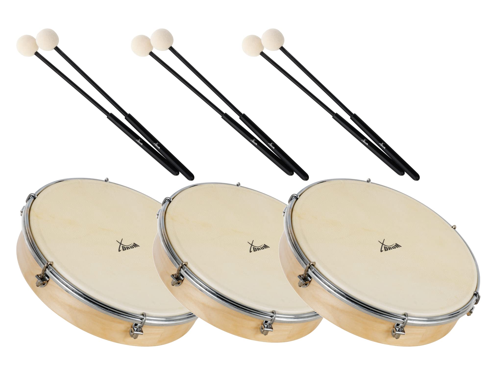 XDrum HTM-12S 12" Tambor De Mano Con Baquetas Set De 3, Diámetro: 12" (30 | 5 cm), Piel robusta de poliéster, Marco de madera de arce, 6 ganchos de tensión para afinar el tambor, Mango ergonómico, 8 cm