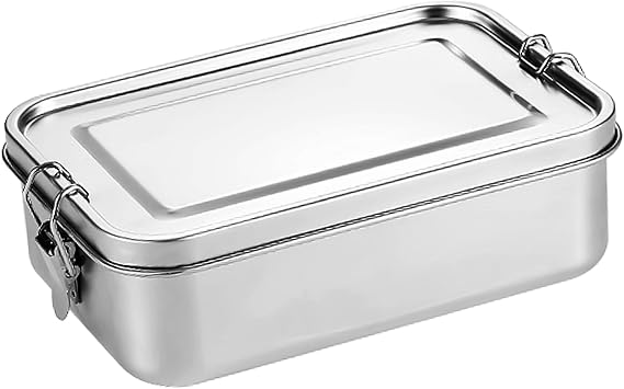 Stainless Steel Bento Box - Lunch Food Container - Large 47 oz Metal Lunch Box - 2 Compartments Food Container with Lock Clips - Dishwasher Safe 1400ML