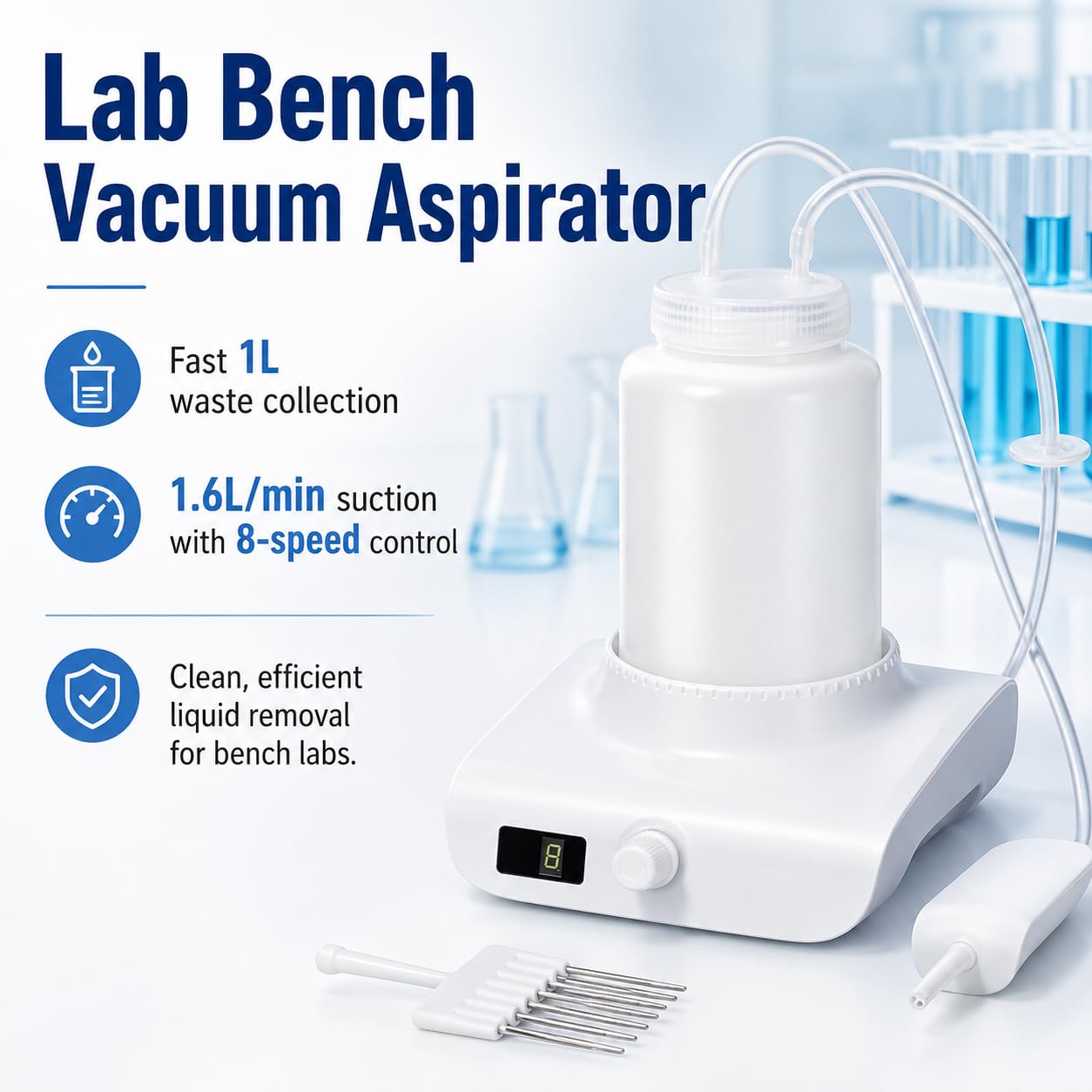 Reciclador de líquidos residuales con aspirador de vacío de banco de laboratorio de 1 litro, ajustable en 8 velocidades, succión de 1,6 l/min, pantalla LED, filtro de 0,45 μm para uso en laboratorio