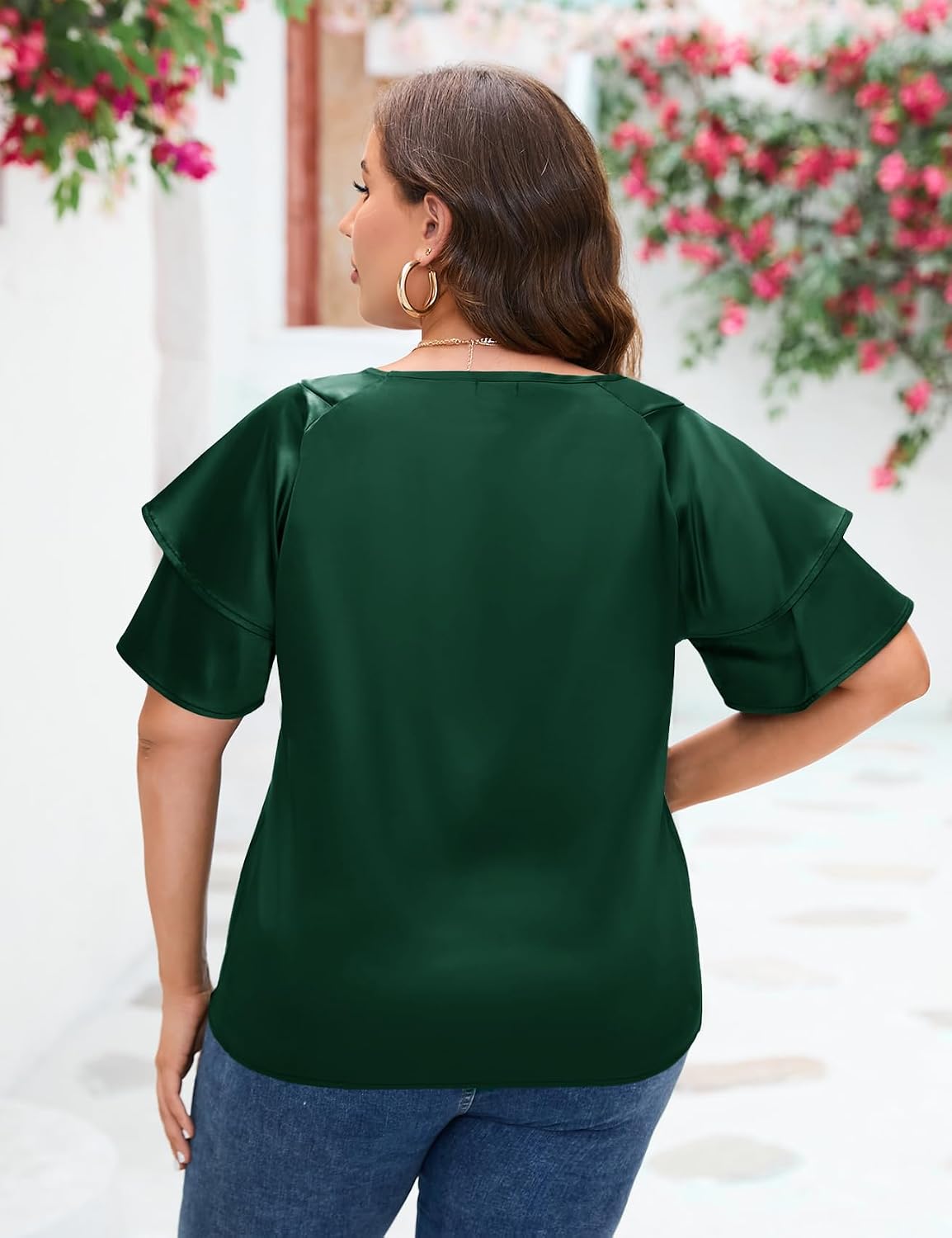 ZOMVA Women's 2024 Plus Size Satin Blouse Short Ruffle Sleeves Silk Top Dressy Shirt Office Elegant