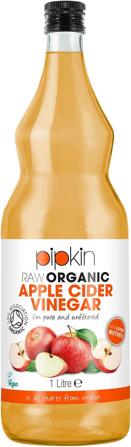 Pipkin Vinagre de Sidra de Manzana 100% Orgánico, Con Madre, Puro, Sin Refinar y Sin Filtrar, Vegano y Vegetariano, 1L (Frasco de Vidrio)