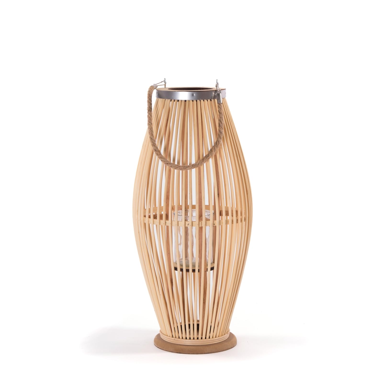 Zya - Lanterna in bambù con manico e inserto in vetro, portacandele in legno, portacandela antivento, lanterna decorativa per balcone o appartamento coperto, dimensioni: 70 cm