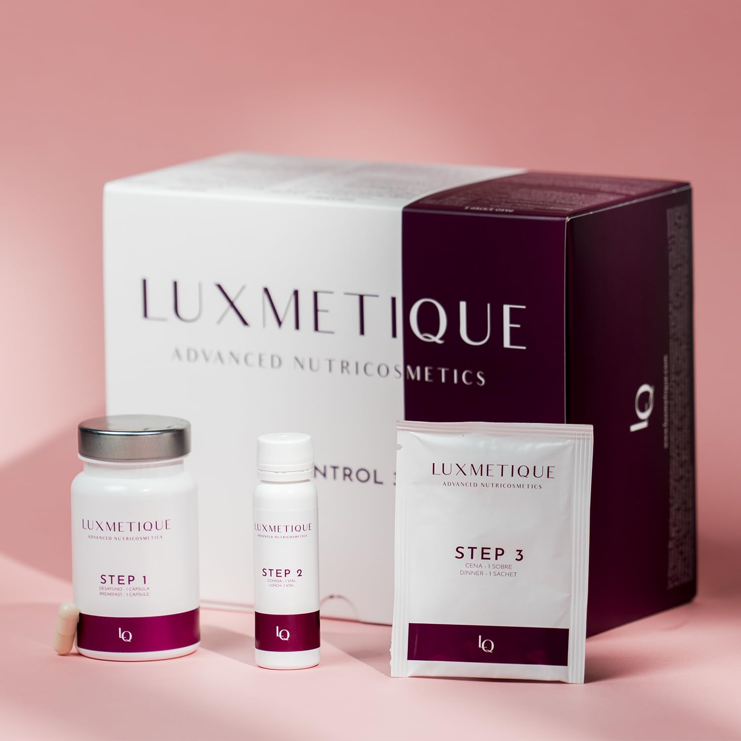 LUXMETIQUE® Control 3 Formula – Quemagrasas Saciedad Morosil – 15+15+15 | Detox + Quemagrasas + Saciedad Con CLR-1, Affron, Morosil y Fibersol-2 - 15 Cápsulas + 15 Viales + 15 Sobres
