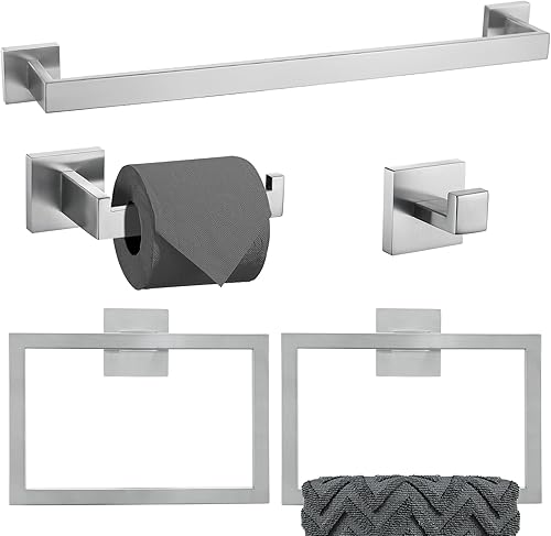 TURS Juego de 5 piezas de accesorios de baño de acero inoxidable cepillado con 2 anillos de toalla soporte para papel higiénico y gancho para