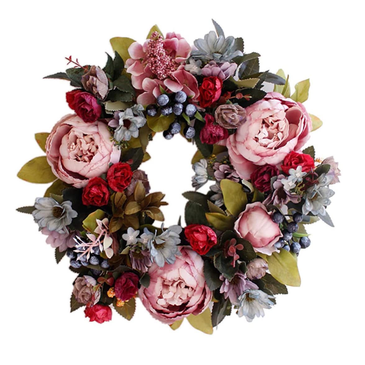 Hperu 1Pcs Artificial Peony Wreath 13.78 Inch Hanging Simulation Spring Decorative Wreaths Garland Decoration For Door Window Home Office Summer Door Wreath