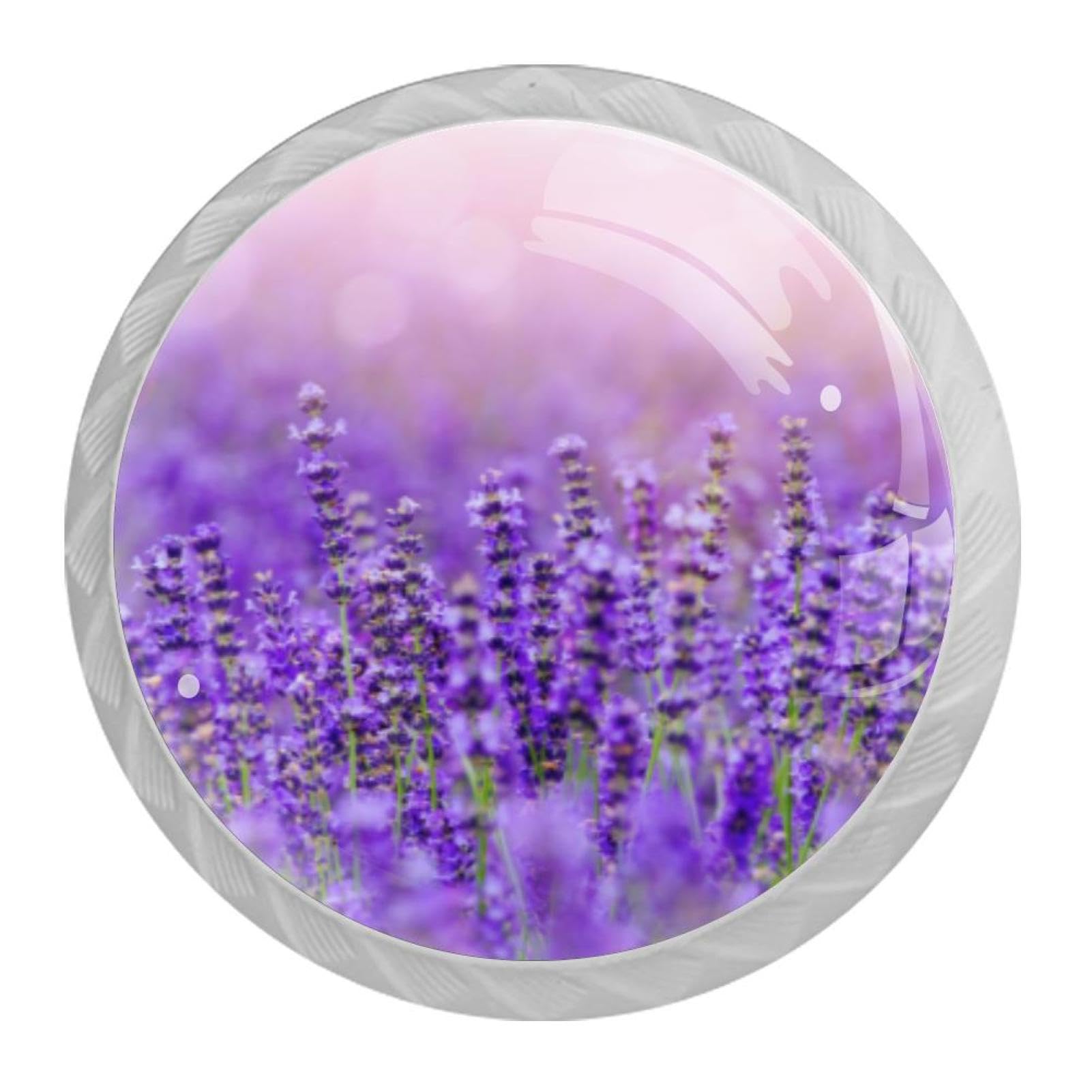Tqmspg 4 Pieces Drawer Pulls Lavender Flowers Field Door Knobs Dresser Handles for Kitchen Wardrobe Cupboard Hardware Furniture