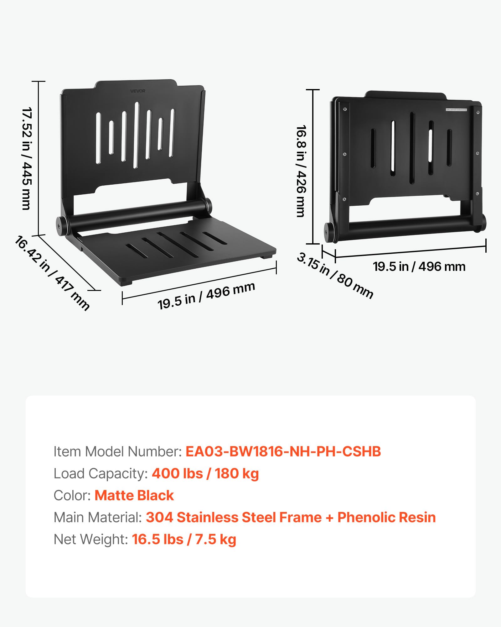 VEVOR Asiento de Ducha Abatible Montaje en Pared, Silla de Ducha Plegable con Respaldo de Apoyo, Marco de Acero Inoxidable, Banco de Baño Capacidad de Carga de 180 kg, para Adultos, Mayores, Negro