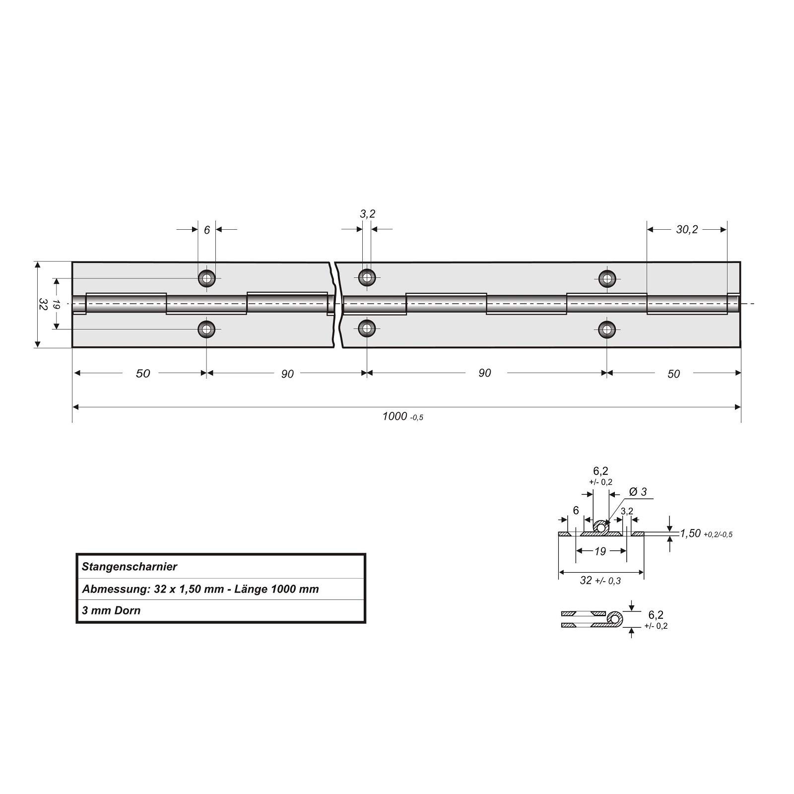 SOTECH Bisagra de piano 1000 x 32 x 1,5 mm de puerta de acero inoxidable