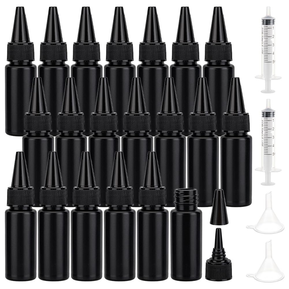 BENECREAT 20 botella Exprimible Negra de 30 ml, Botellas de Plástico A Prueba de Fugas con 3 embudo Y 2 jeringas Sin Aguja, Botellas Vacías Rellenables para Pegamento UV, Petróleo, Líquidos