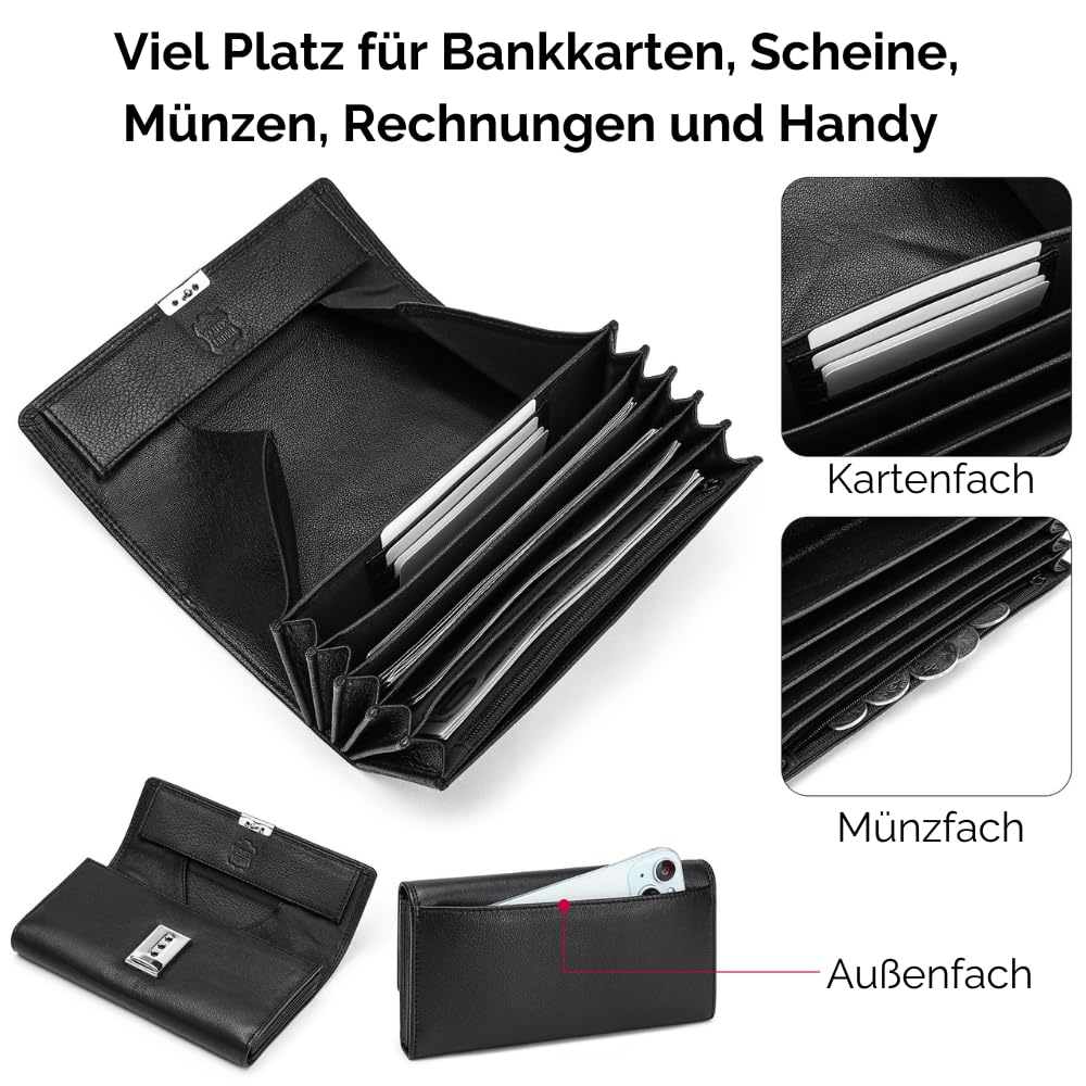 FOMAX Kellner Geldbörse aus Hochwertigem Nappa Leder, Kellnerportemonnaie Großes Gastro Geldbeutel Echtleder, Taxi Portmonee RFID-Schutz Profi Gastronomie, Kelnerportmonai Herren Damen Schwarz