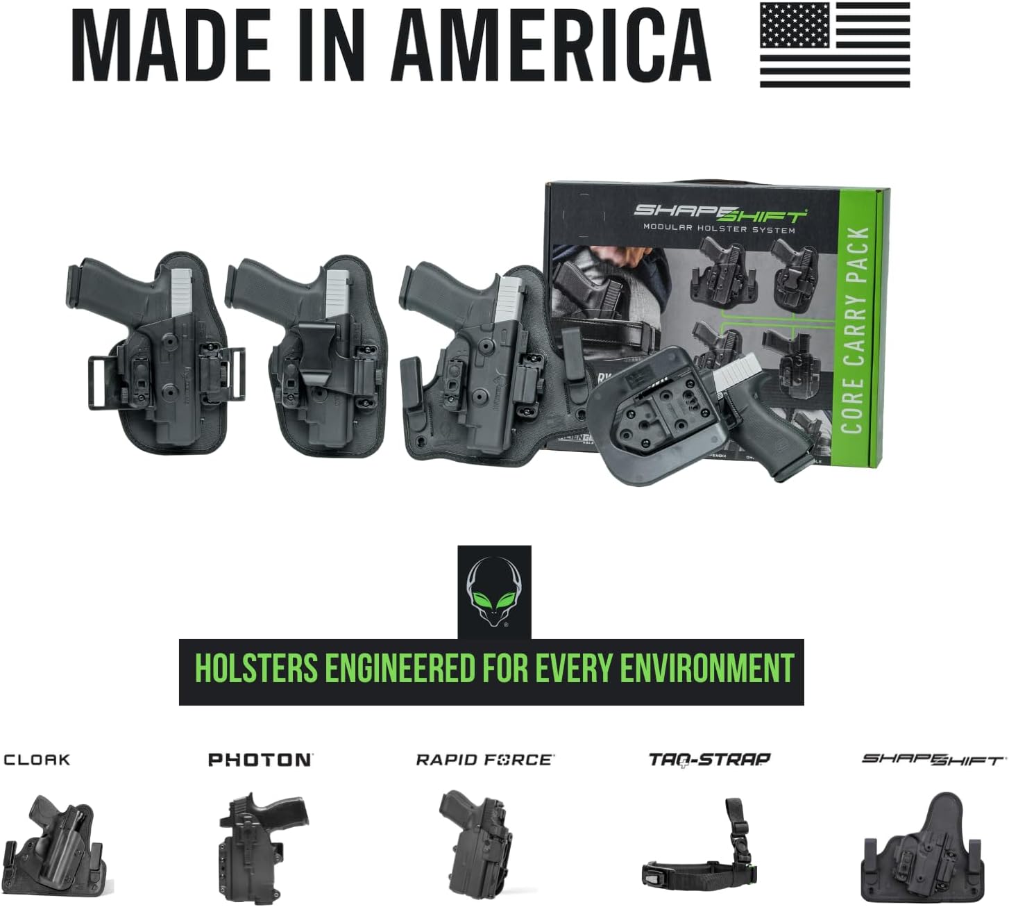 Alien Gear Shapeshift Core Carry Pack Holster - 4 in 1 Holster, IWB, Appendix, OWB Paddle and OWB Belt Slide Included - Closed and Open Carry - Tuckable - Right or Left Hand Draw - Made in USA