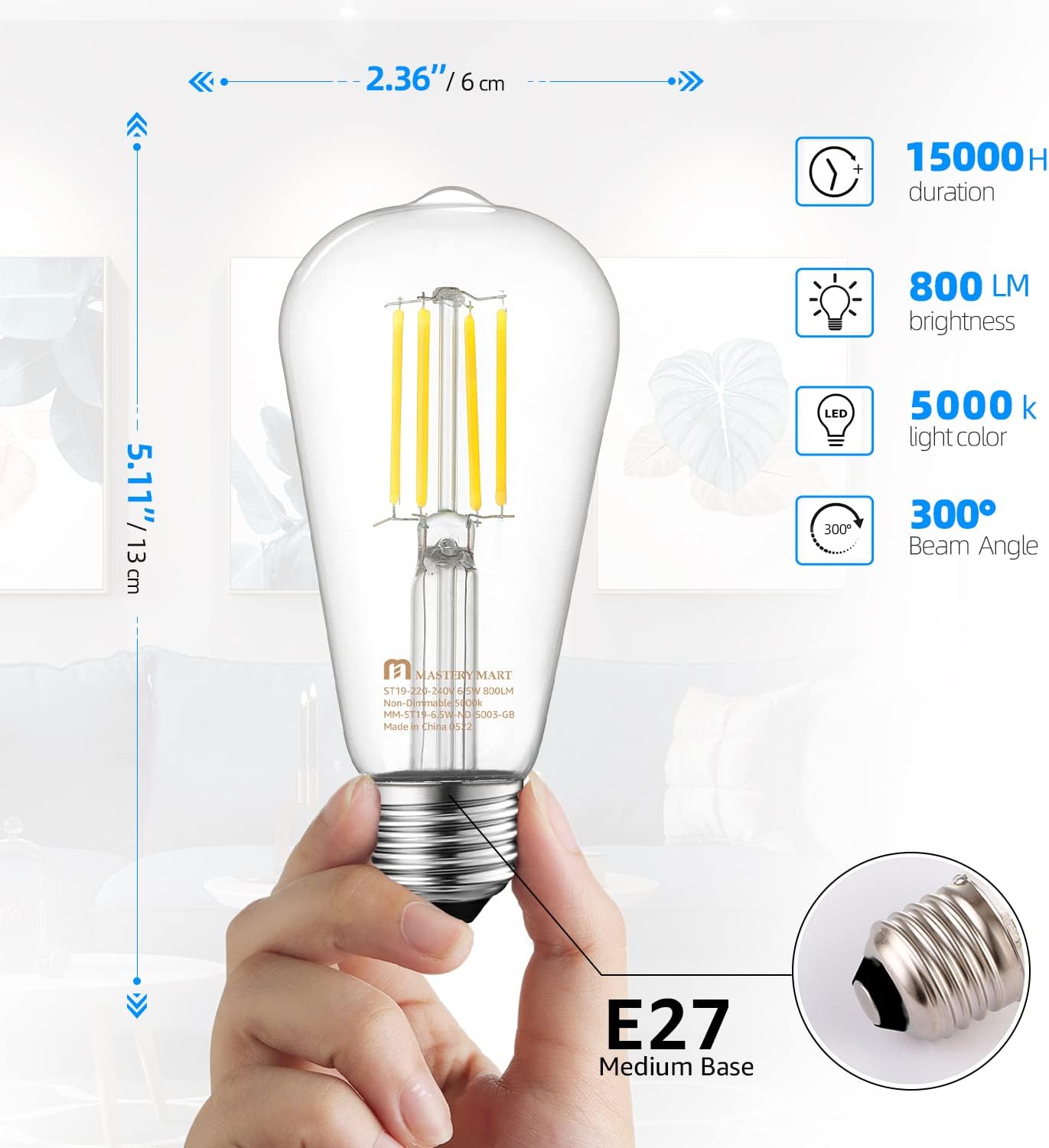 MASTERY MART E27 Vintage Light Bulbs, Non-Dimmable, 5000K Daylight White, 6.5W 60W Equivalent, Glass ST64 Filament LED Bulb - Image 3