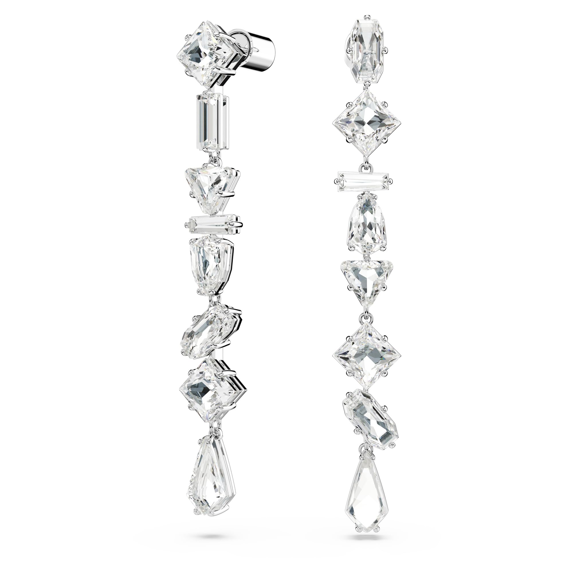 Swarovski Długie kolczyki Mesmera, Wzór asymetryczny, Szlify różnorodne, Długie, Białe, Powłoka z rodu