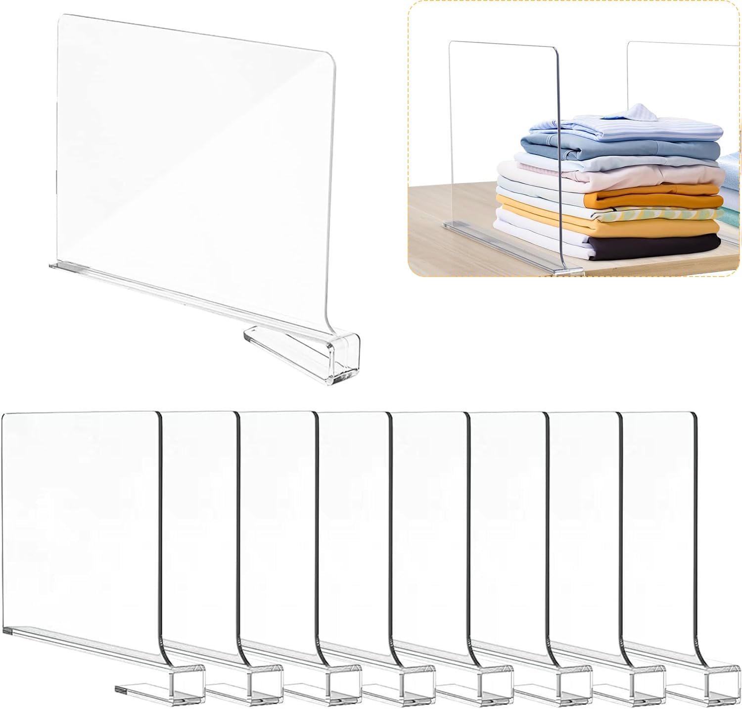 8 Piezas Separador de Estantería en Acrílico Transparente, 30 x 20 cm Baldas Armario Interior, Acrílico Transparente Separador Estanteria, eparador Multifuncional para Armarios, Muebles y Estantería