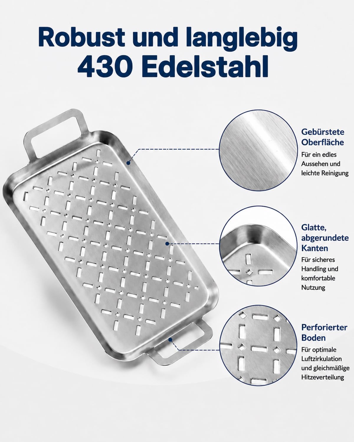 3-teiliges Set Grillpfannen aus 430 Edelstahl, gelochte Grillplatten mit Griffen für Gemüse, Fisch & Beilagen, spülmaschinengeeignet und stapelbar, passend für alle Grills