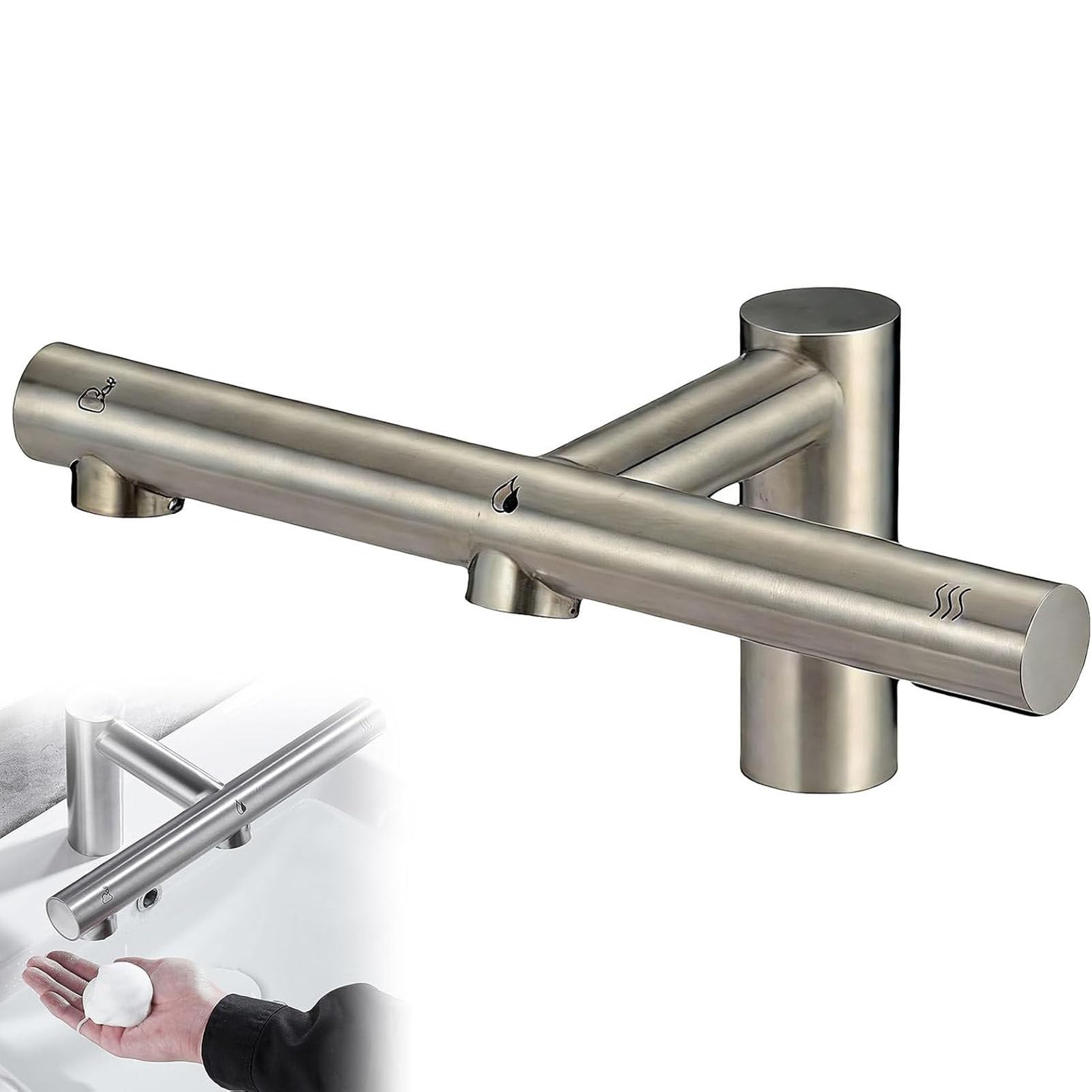 Rubinetto con sensore touchless, rubinetto automatico in acciaio inox, con dispenser di sapone e asciugatrice, controllo intelligente della temperatura per uso domestico e commerciale