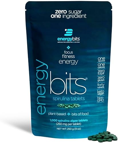 ENERGYBITS Spirulina - Suplementos energéticos para tabletas recipiente pequeño de 360 tabletas de superalimentos algas verdes azules puras alto