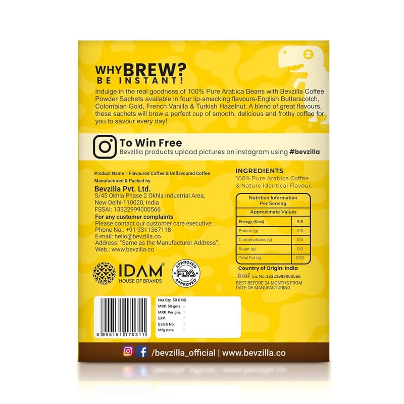 Image of Bevzilla 24 Assorted Instant Coffee Sachets | 24x2Gm Pouches | Arabica Coffee | 4 Flavours: Butterscotch, Classic, Vanilla, Hazelnut | Perfact for Espresso, Latte & Cappucino (Pack of 6)