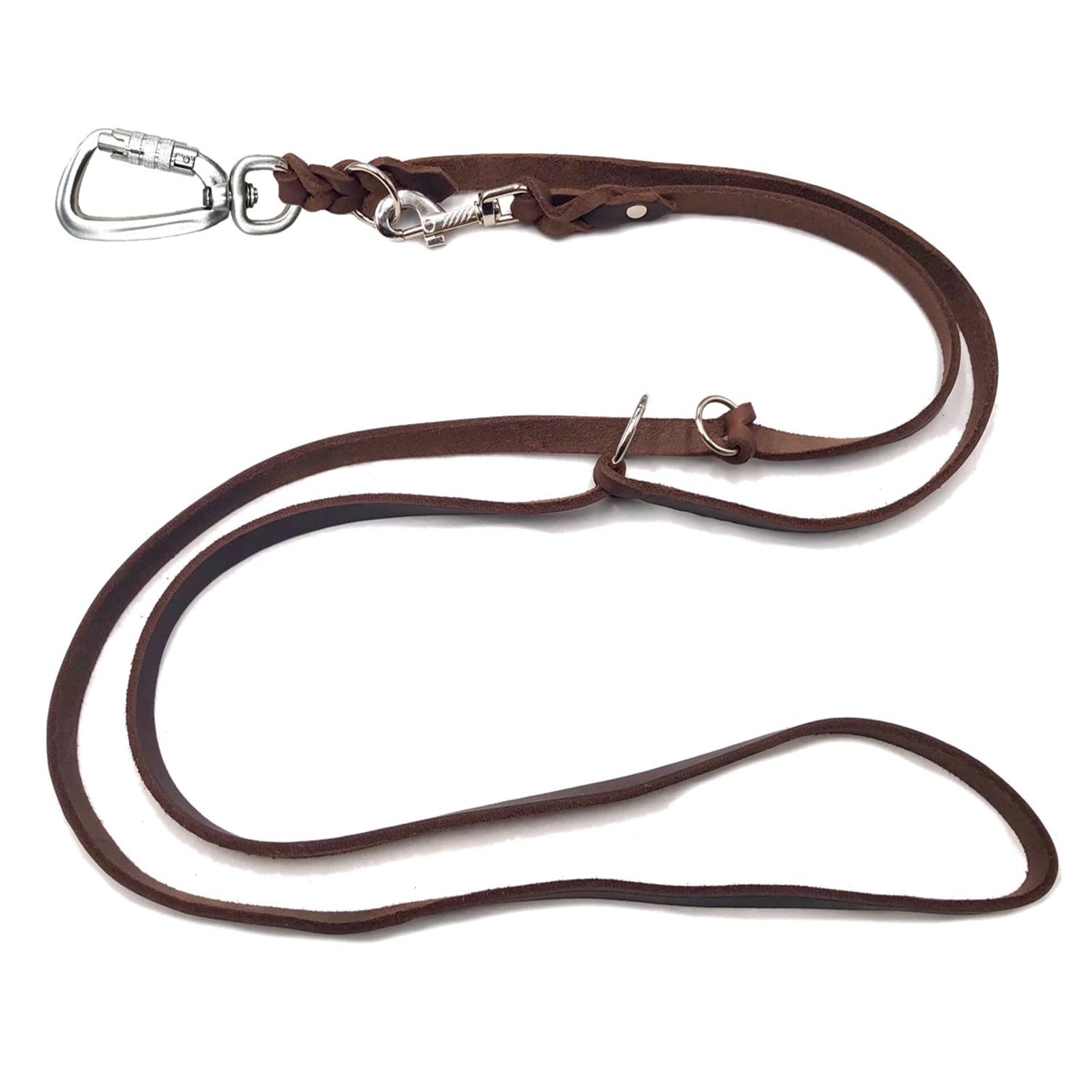 Hundeleine Fettleder mit Sicherheitshaken + Edelstahlringe/Hundeleine große Hunde/Hundeleine Leder bis 100Kg (Braun, 2,80m)