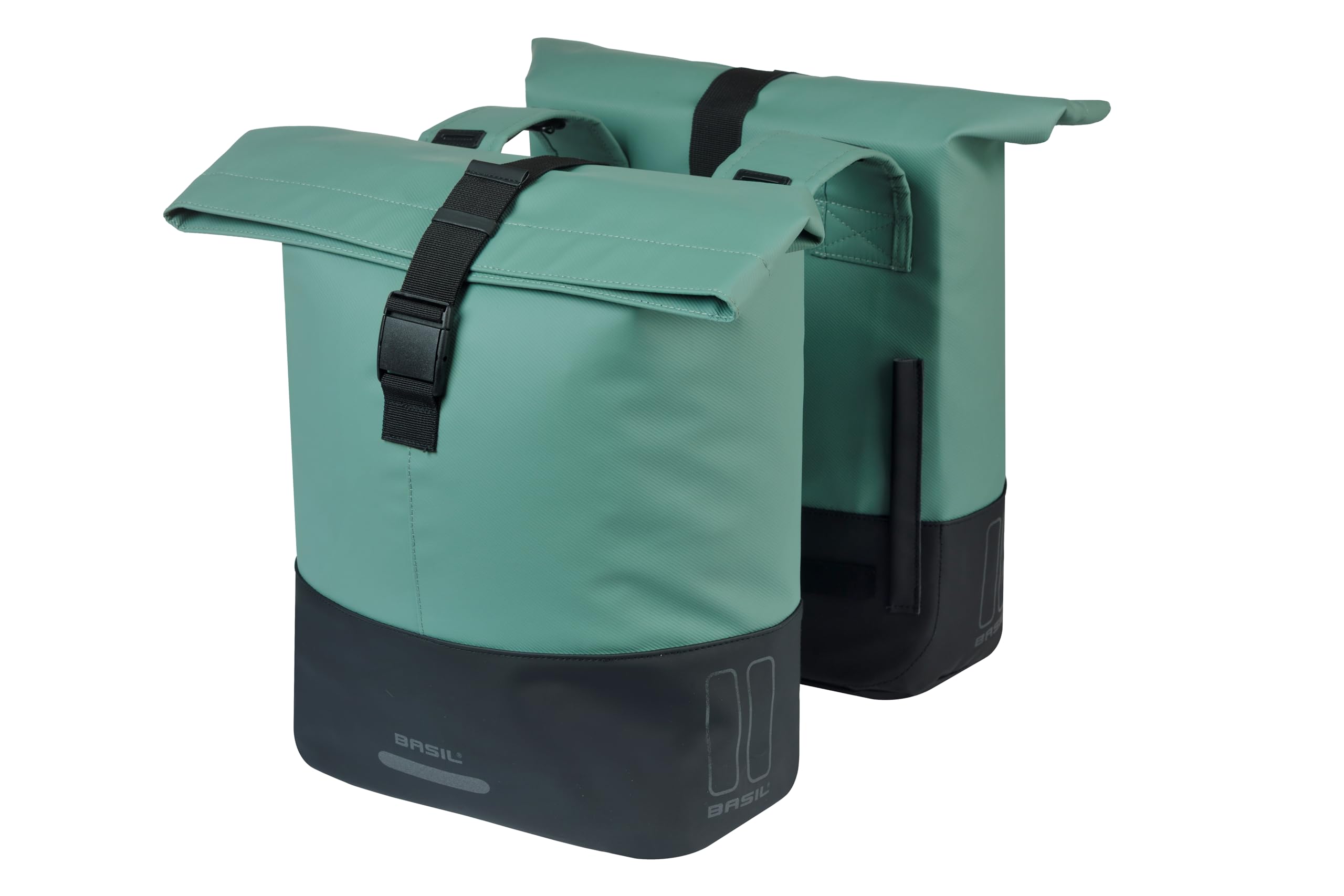 Basil Cove Double Bicycle Pannier Rack - Waterproof 28-32L - Reflective - Sustainable Made from Recycled Material - MIK Compatible - 29 x 14.5 x 36 cm - Green/Black