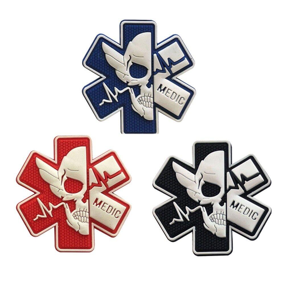 Fituenly Black+Red+Blue 3Pcs Ohrong Medic Rubber Patch 3D Pvc Emblem Tactical Acu Ems Emt Med Paramedic First Aid Morale Skull Military Hook Fasteners Badge For Bag Backpack First Aid Kit