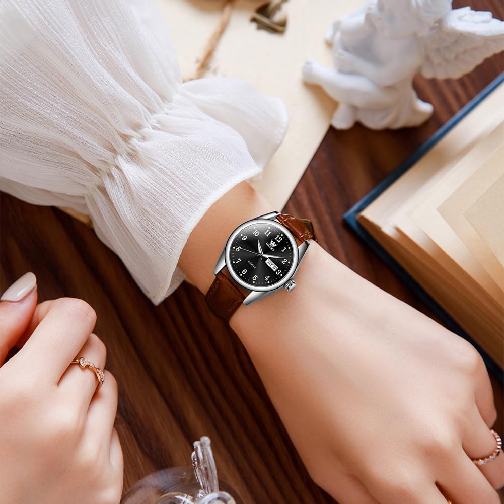 OLEVS Damen-Armbanduhr, Quarz, Lederband, Tag und Datum