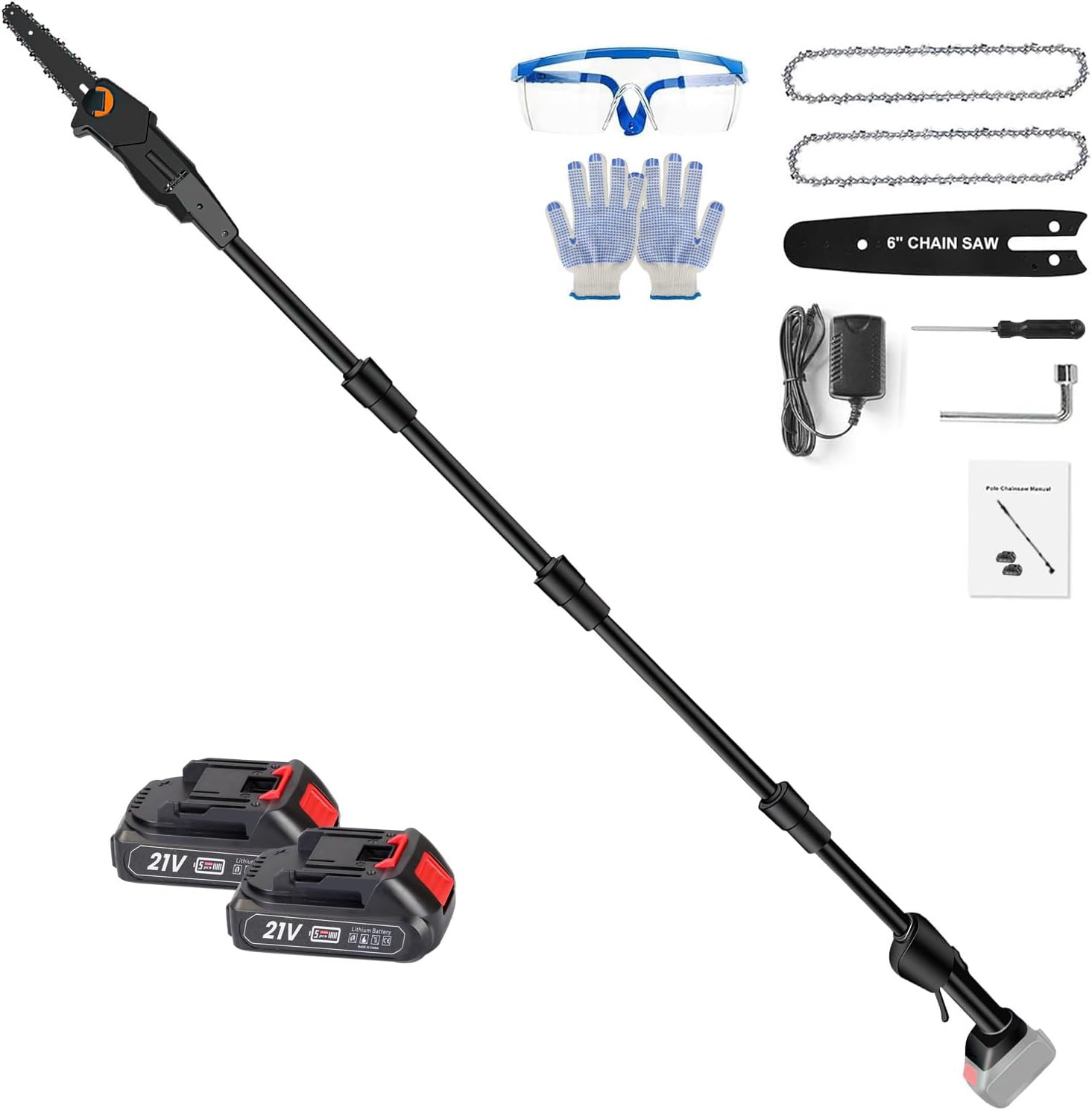 Pole Saw, 6-Inch Cordless Pole Saws for Tree Trimming, 21V Electric Pole Chainsaw W/2Pcs 3.0Ah Battery, 35FT/S Speed, 13.4FT Max Reach,Upgraded Multi-Angle Polesaw for Tree Hedge Trimming Bush Pruning